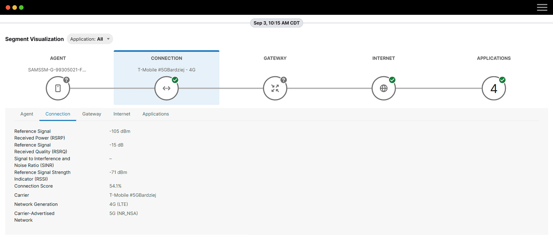 Screenshot showing hop-by-hop path visualization and wireless metrics